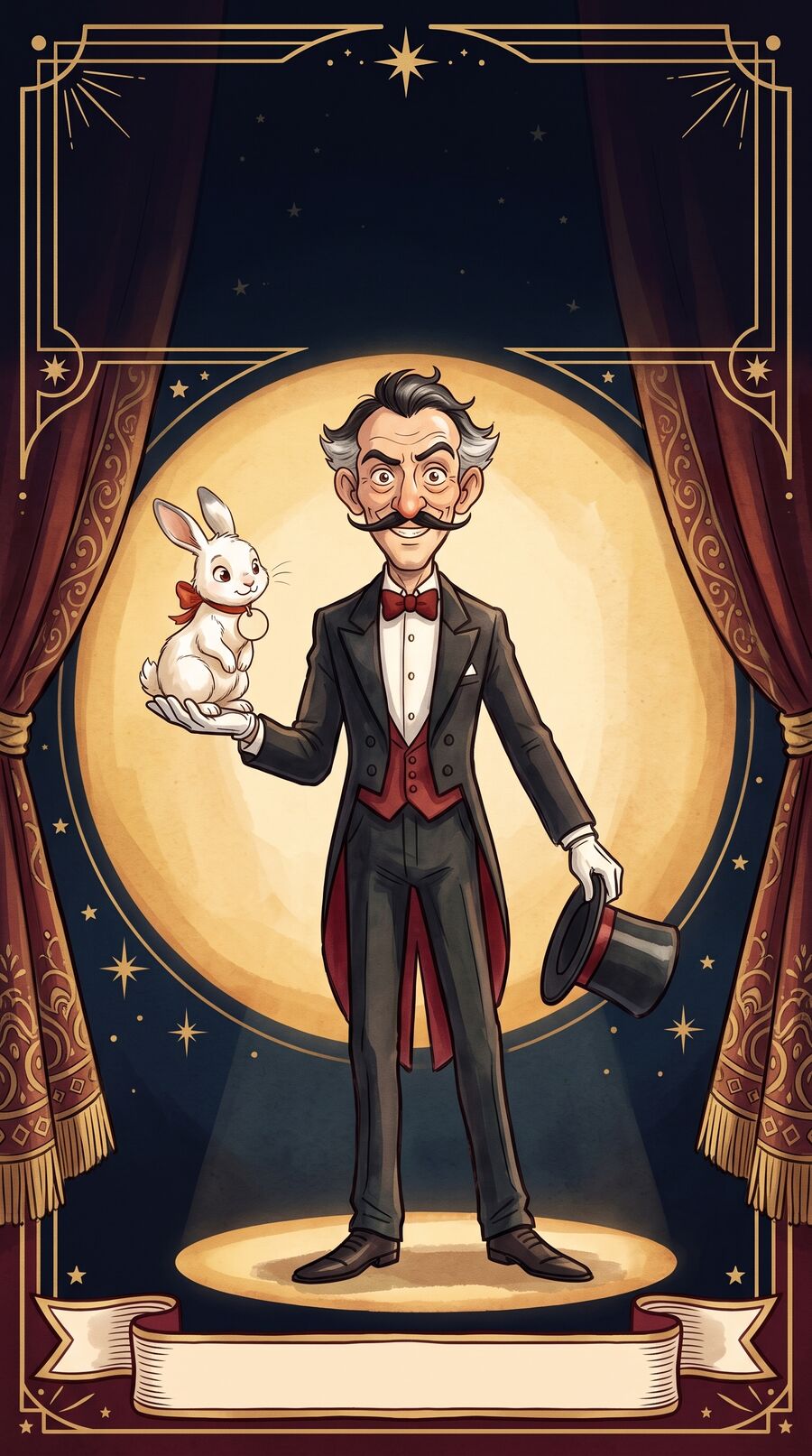 Vintage poster of Le Grand Royal, a magician in tails holding his white rabbit with a red ribbon, under a spotlight.