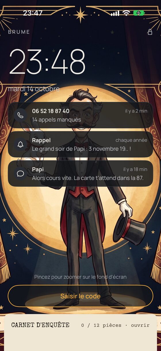 Lock screen of the found phone, with 14 missed calls and a text from Grandpa.
