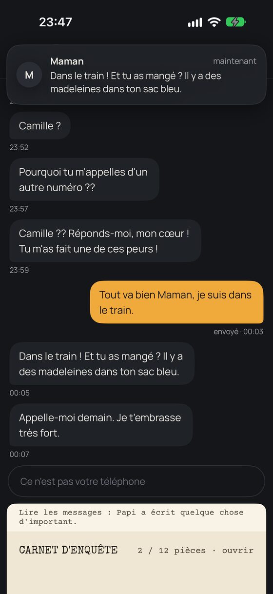 Conversation with Mum: the player picked a reply, and Mum answers.