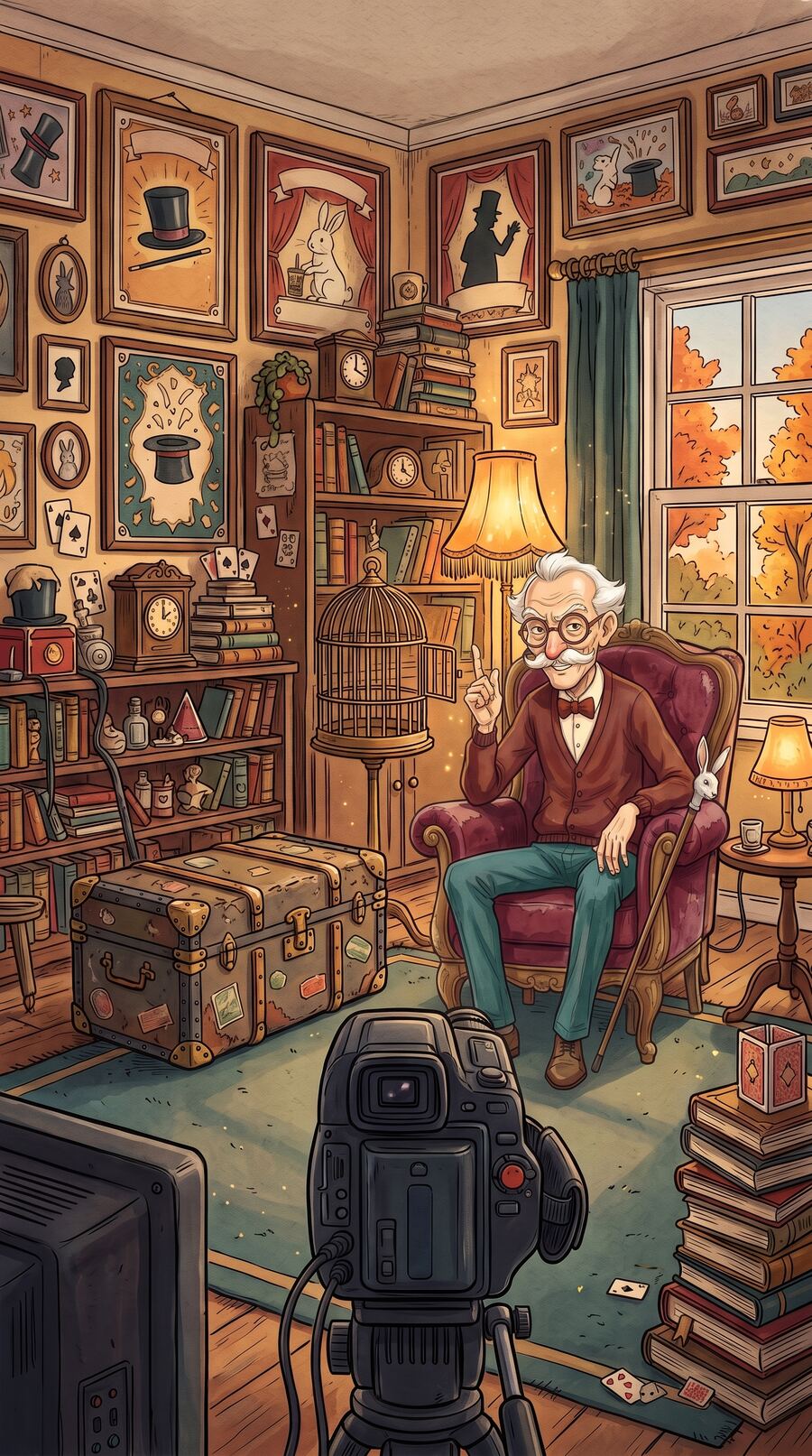 Grandpa, a mischievous old magician, sitting in his armchair in front of a camcorder, in a living room covered with music-hall posters.